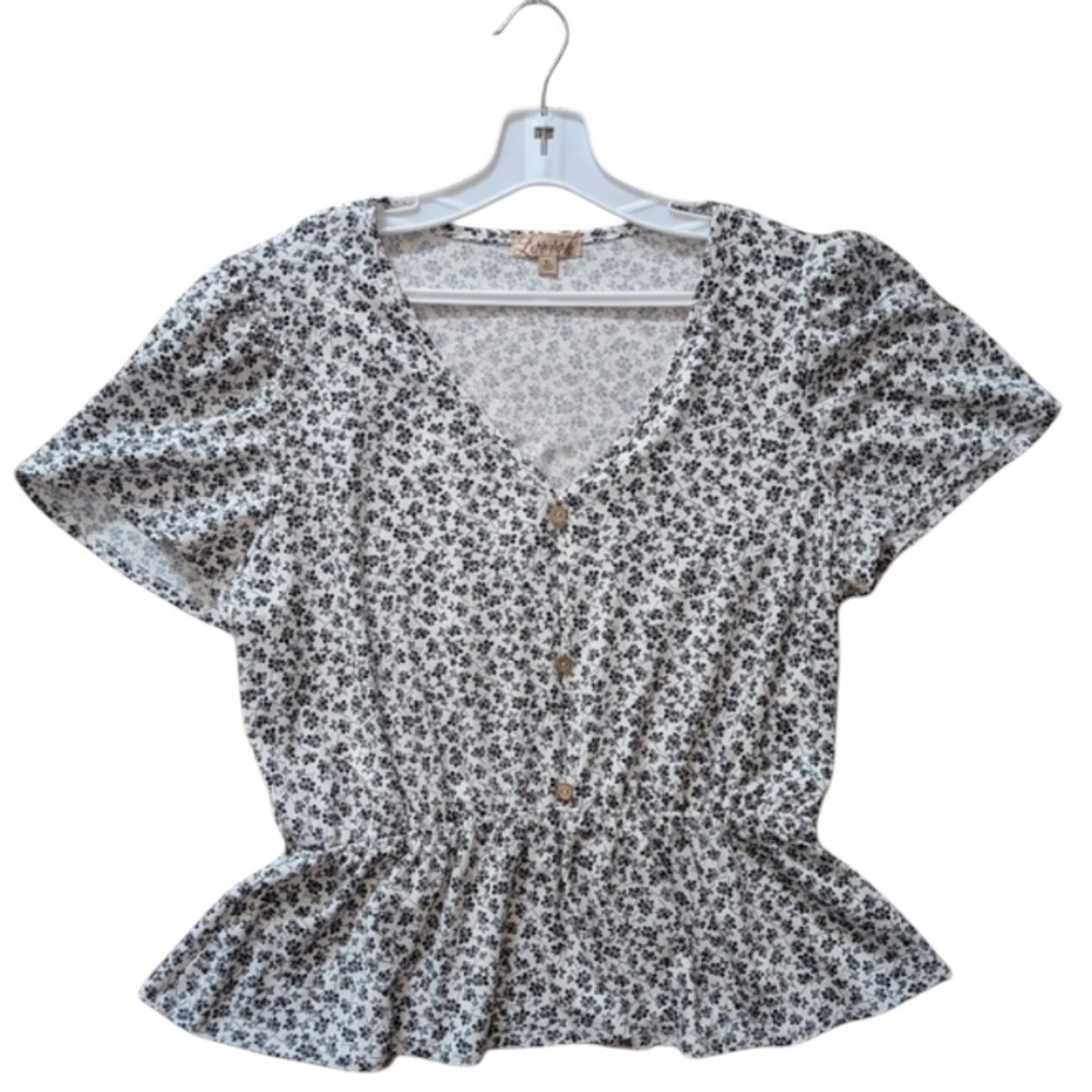 Lavish Black and White Floral Peplum Blouse Women's XL